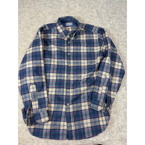VINTAGE 80s Pendleton Button Down Shirt Mens Medium Plaid Flannel Virgin Wool - Picture 1 of 6